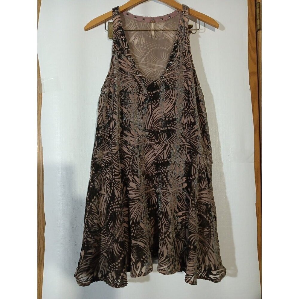 Free People Top Tunic Top Floral Blouse Women XS Sleeveless Brown Studded